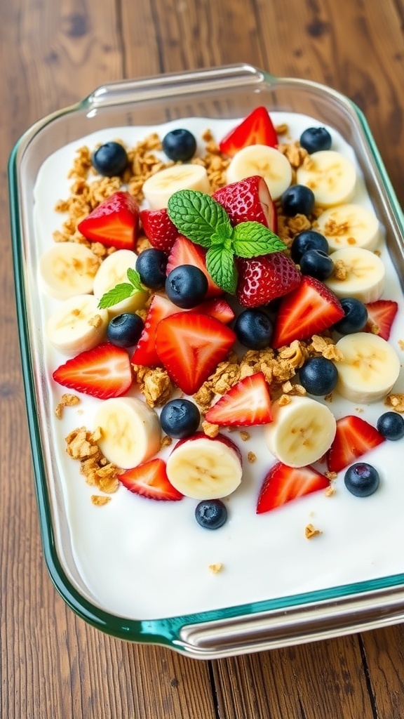 Layered yogurt parfait in a 9x13 dish with yogurt, fruits, and granola, garnished with mint.